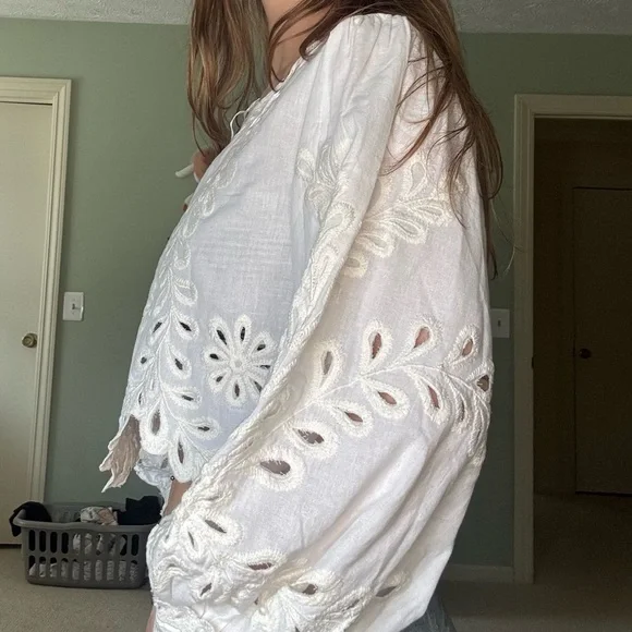 Free People Oleander Top White Embroidered Eyelet Peasant Blouse - Picture 2 of 4